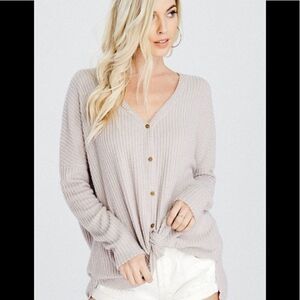 Paper Crane Pale Pink/Cream Waffle Knit Button Down Tie Up Top (Medium)